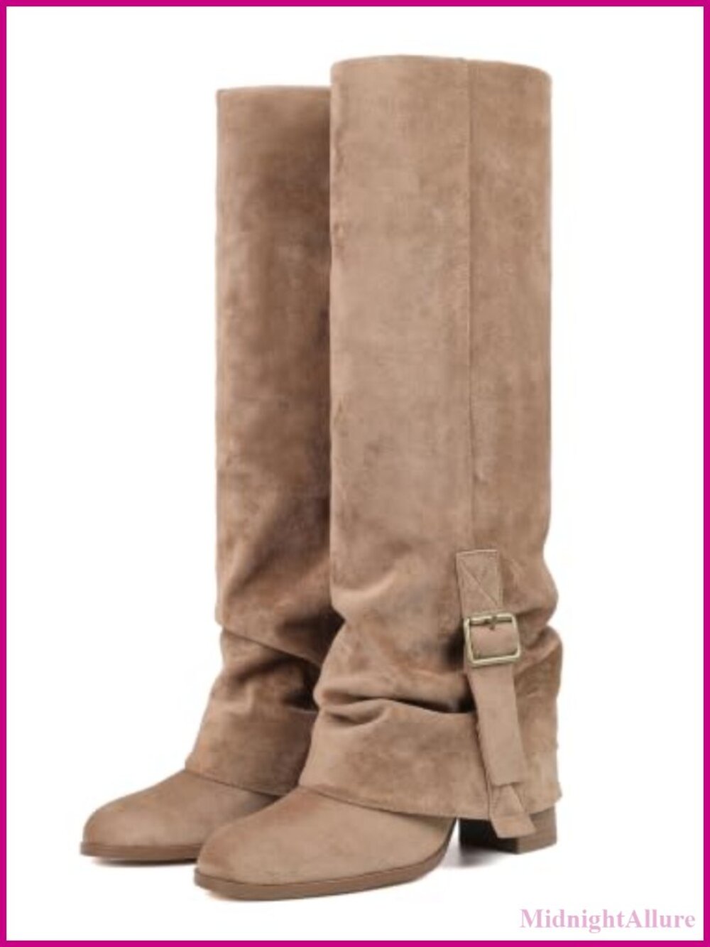 Suede Knee High Boots Slouchy Fold Over Block Heel Half Zip Women